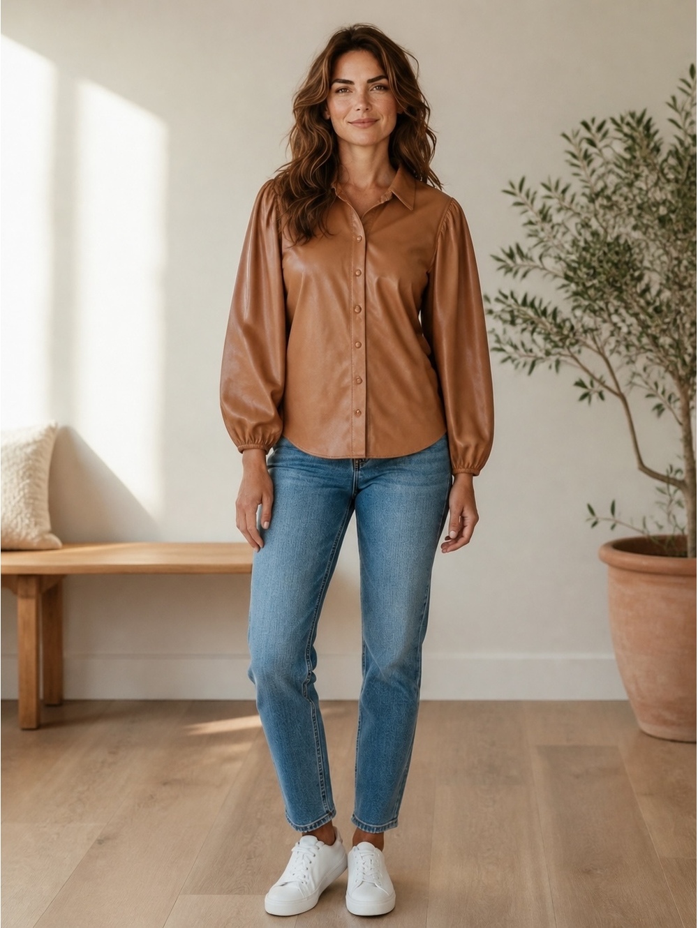 Marc New York Tan Faux Leather Button-Up Shirt with Puff Sleeves